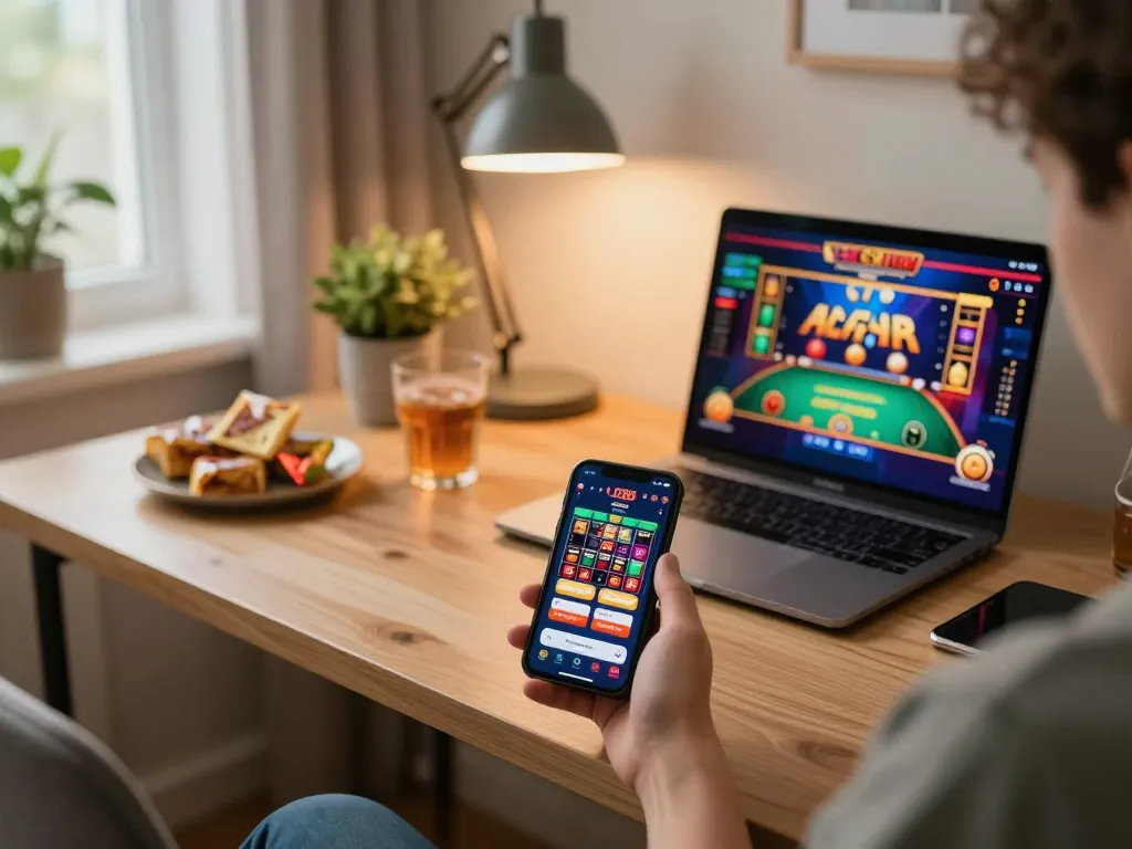 Player enjoying online gambling with LC88 app on smartphone, showcasing vibrant gaming environment.