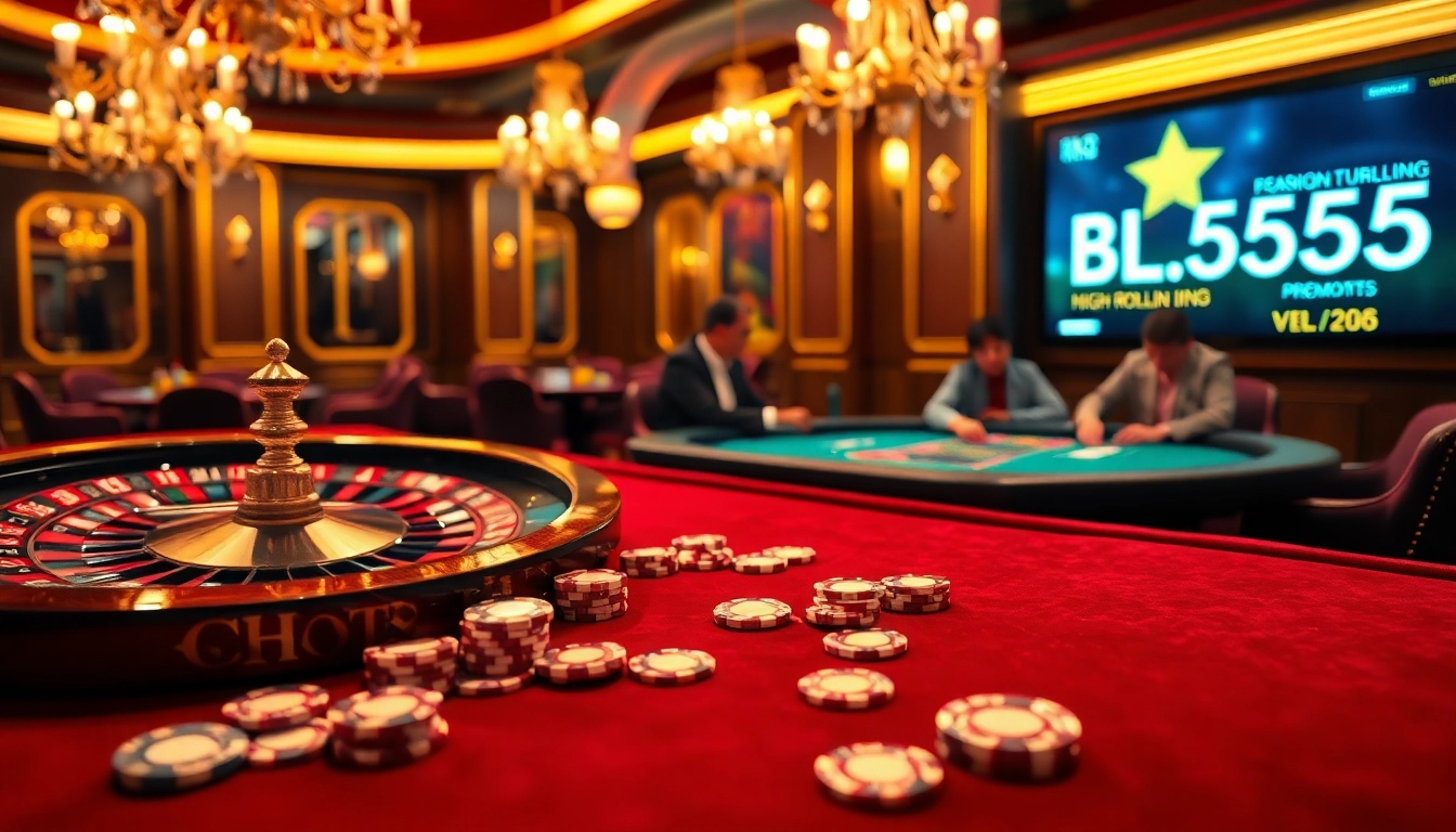 Vivencie jogos de alto risco na BL555 com um cenário de cassino luxuoso, apresentando uma roleta e fichas de pôquer.