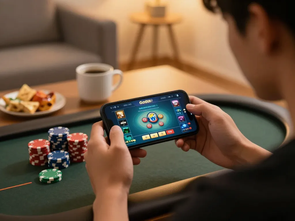 Engaging in Go88 tài xỉu online, featuring a player focused on a smartphone interface