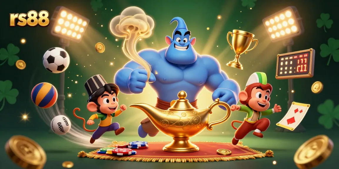 Experience the thrill of winning at rs88 with a lively scene of a genie, monkey, and poker chips.