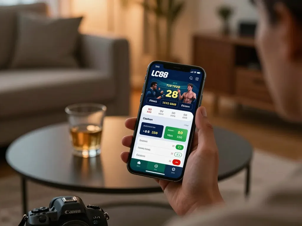 Engaging in mobile betting using the LC88 app in a stylish living room setting.