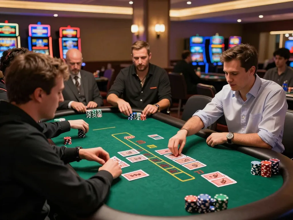Players strategizing bets at U888 blackjack table, vibrant casino atmosphere alive with excitement.