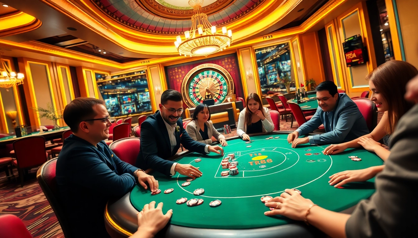 Excited players enjoying a high-stakes poker game in a luxurious casino setting, featuring TR88 elements.