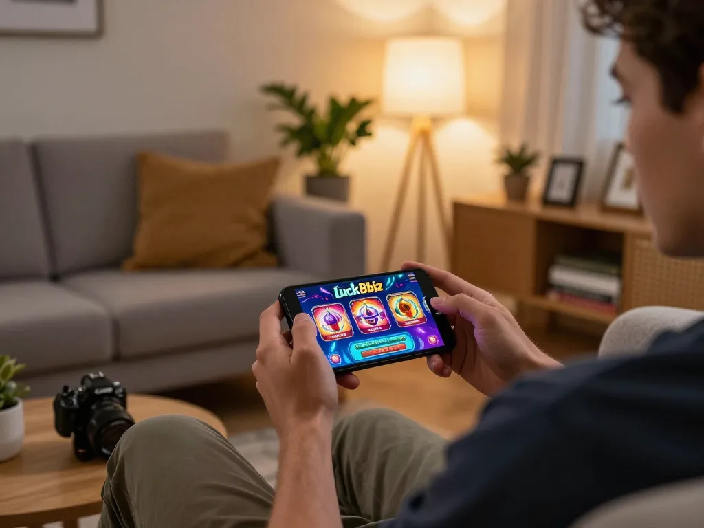 Engaging in mobile gaming with luck8biz app on a stylish home setup