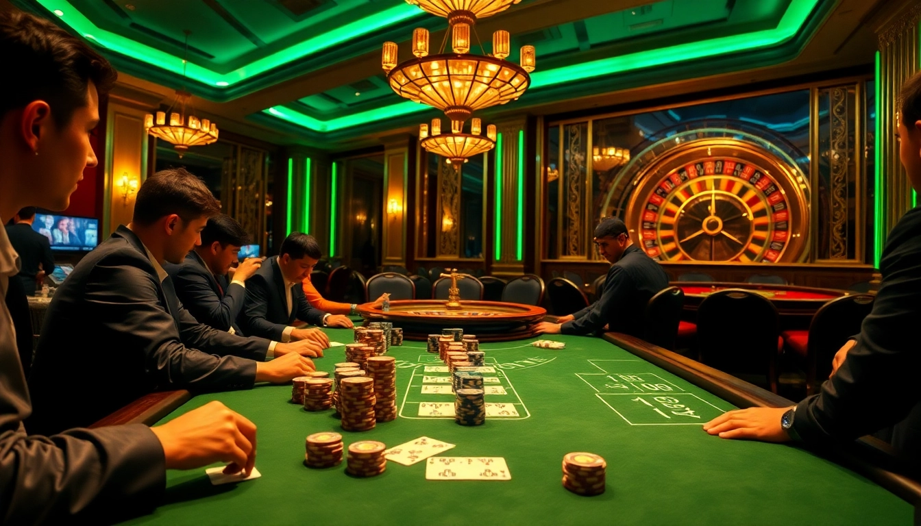 Players enjoy a high-stakes poker game at the Du88 casino table, surrounded by chips and cards.
