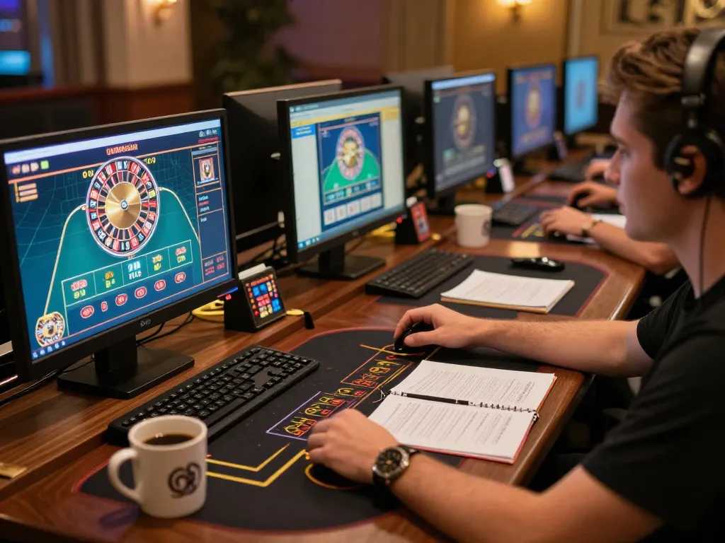 O8 SOCIAL gaming setup with interactive poker and roulette screens showcasing online casino excitement.