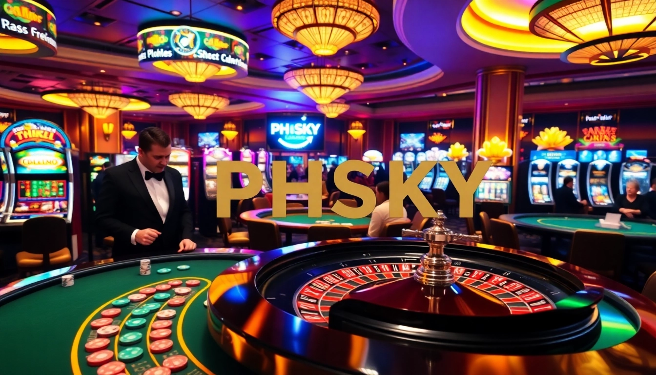 Experience the vibrant PHSKY casino ambiance with roulette, poker, and dazzling slot machines.