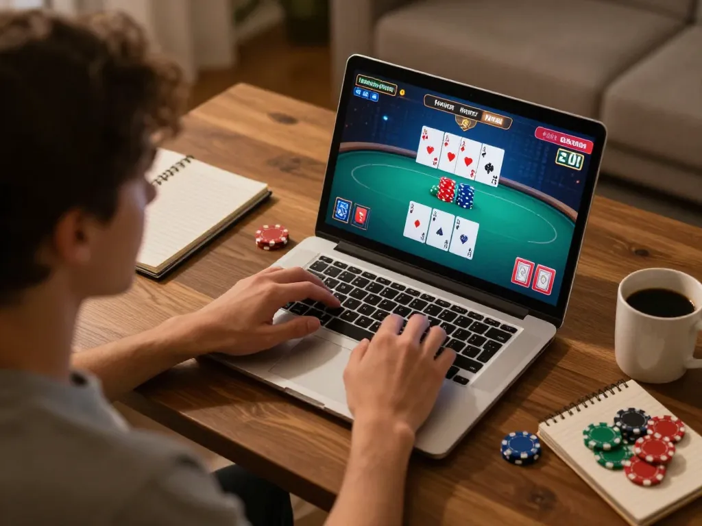 A player enjoying a poker game on 58wiin with cards and chips visible on screen, demonstrating an engaging online gaming experience.