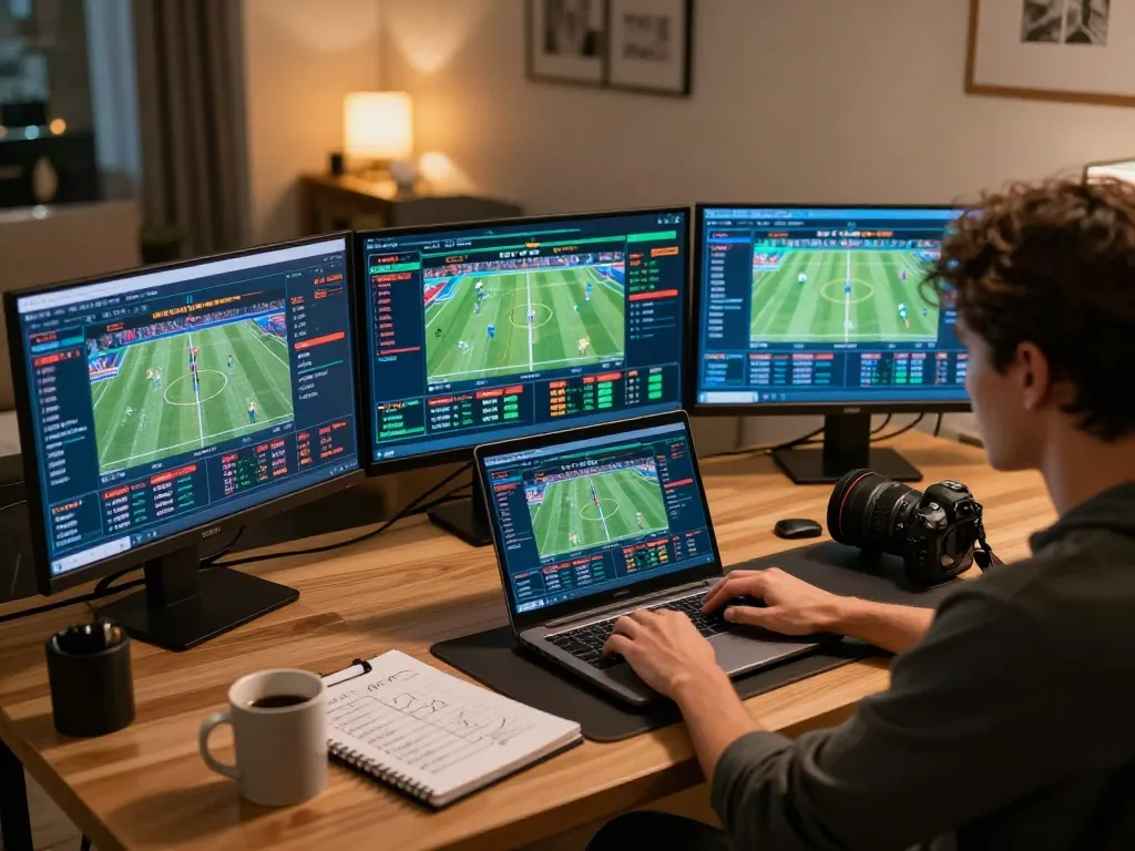 Tỷ lệ kèo nhà cái displayed on multiple screens during a live sports betting session.