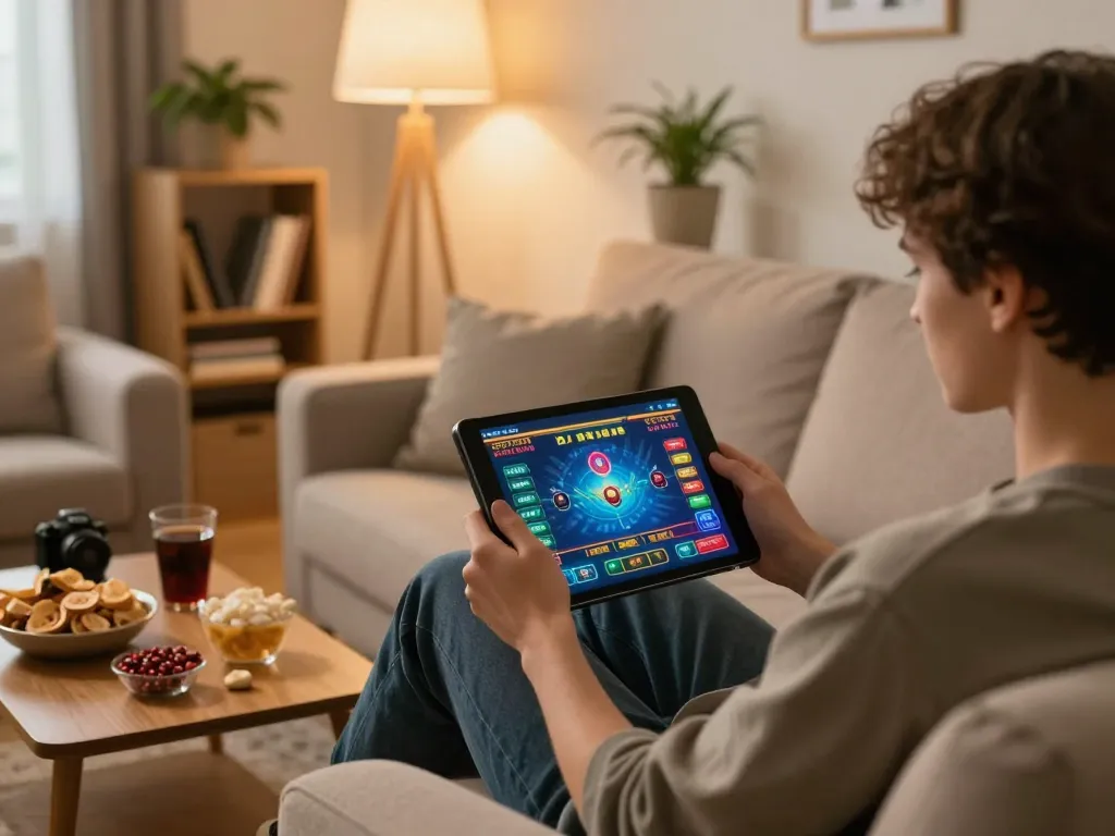 Engaged player using 78wingo app on a tablet in a cozy living room for online gambling.