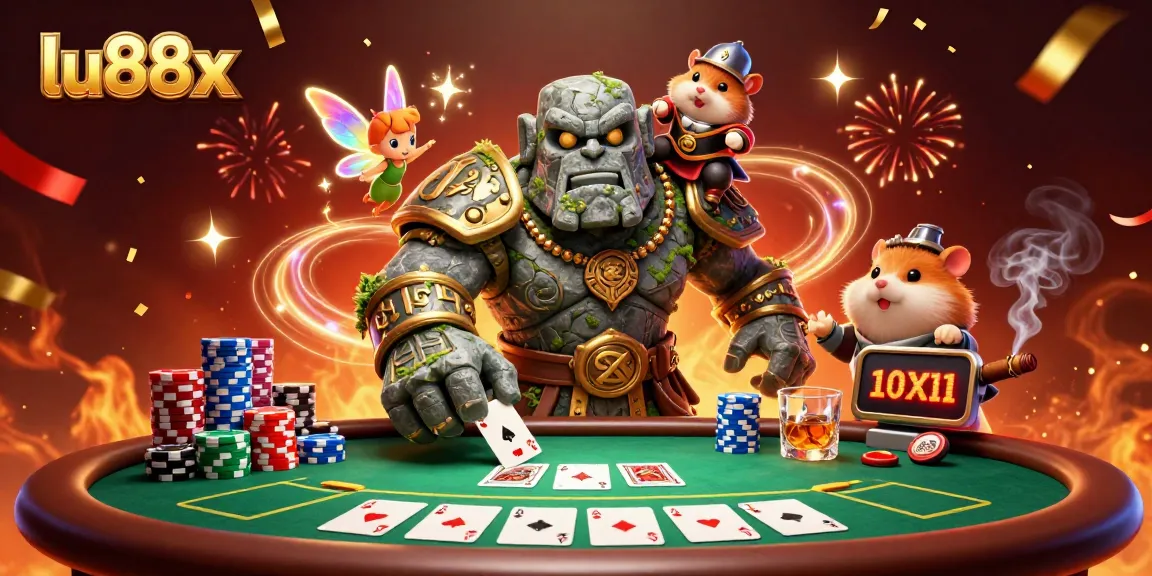 Join the excitement at lu88x with a thrilling poker scene featuring vivid characters and casino elements.