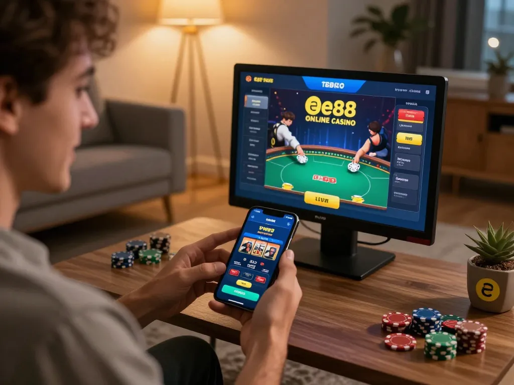 Player engaging with the ee88 app for online poker, showcasing excitement and a friendly gaming environment