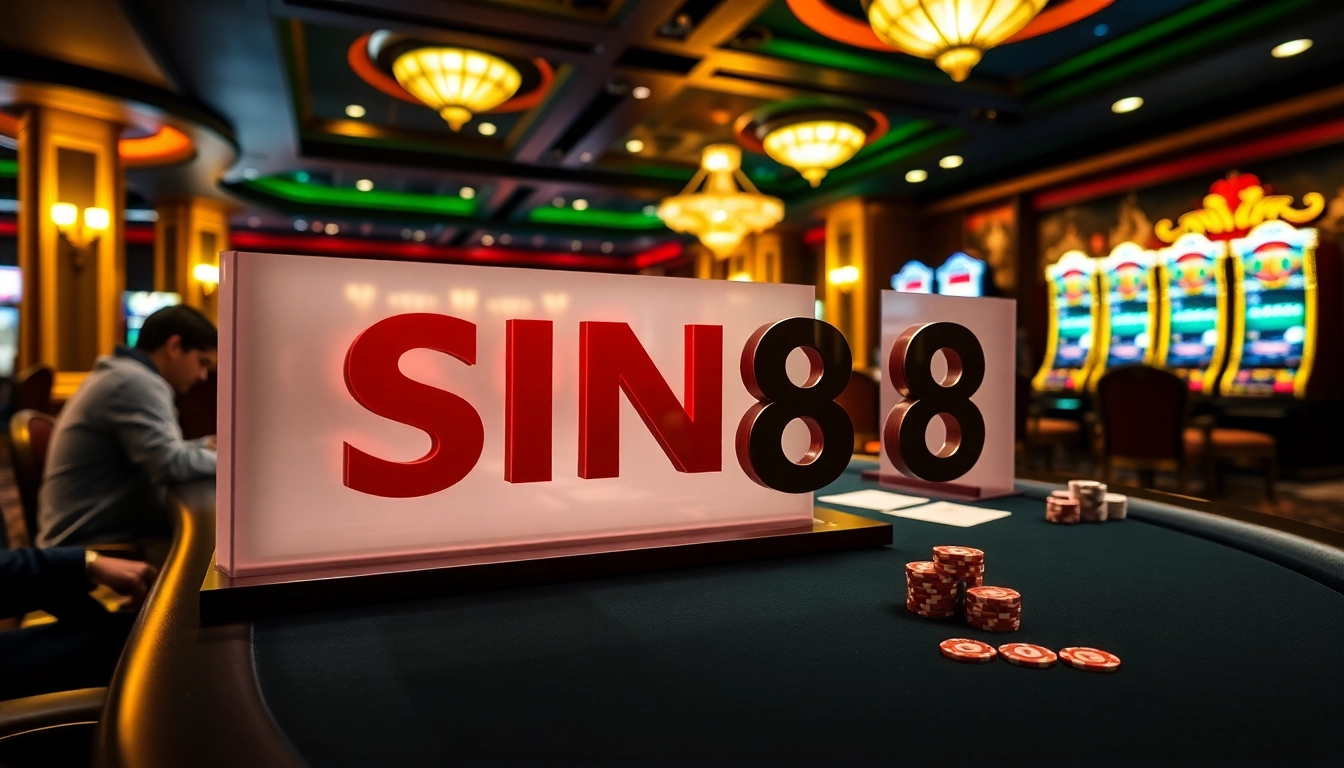SIN88 casino players enjoying poker with chips and cards at an elegant table.