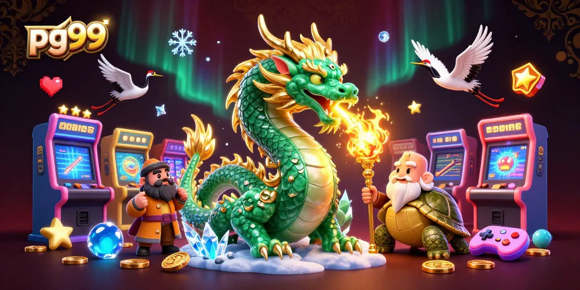 Experience exciting gaming with pg99, featuring a jade dragon and colorful arcade elements.