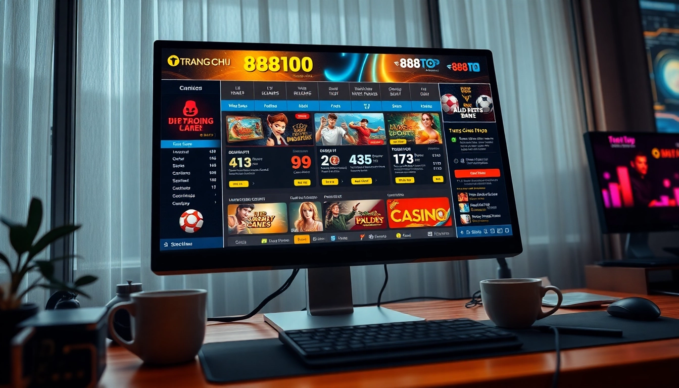 Engaging visual of Trang Chủ 888TOP online betting platform showcasing dynamic casino games and sports betting interface.