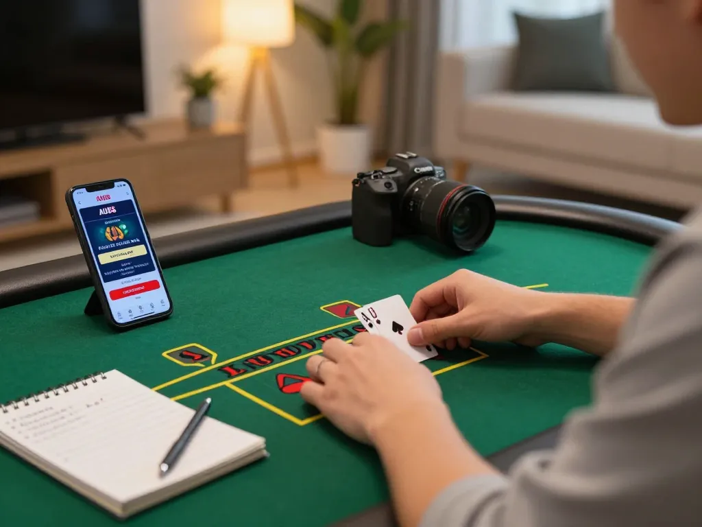 Player enjoying the AU88 blackjack experience at home, enhancing gaming strategy with a notebook.