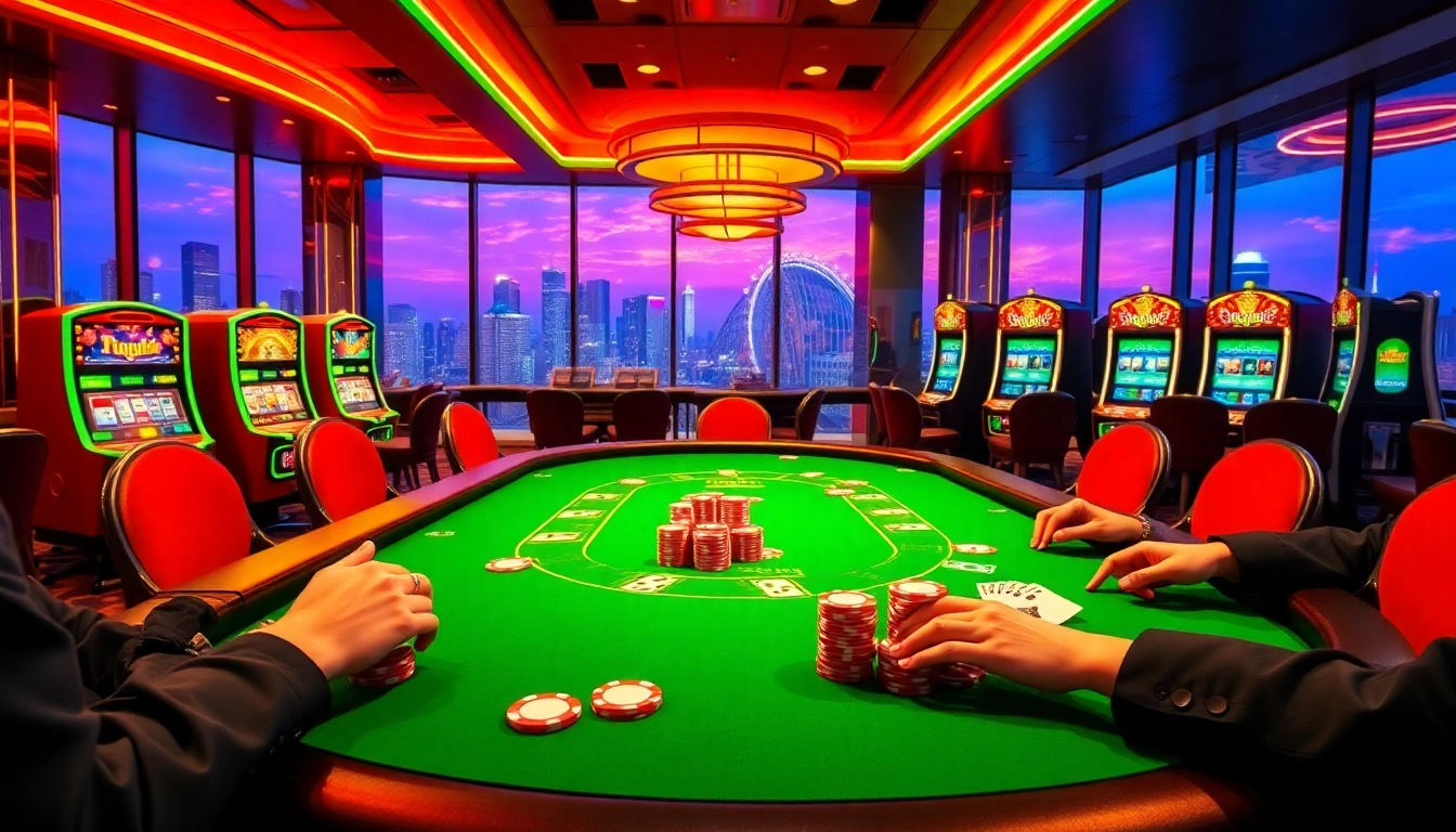 Exciting casino scene featuring players at a poker table, vibrant colors and luxury elements with phimhay theme.