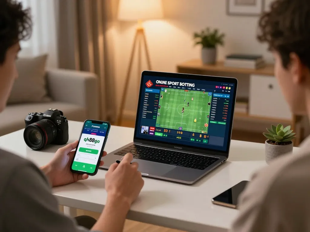 Person engaged in sports betting on qh88go app, showcasing modern home gaming setup.