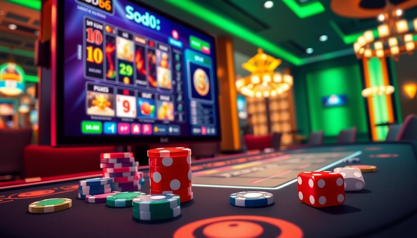 SODO66 players engaging in thrilling online gambling with vibrant poker chips and dice.