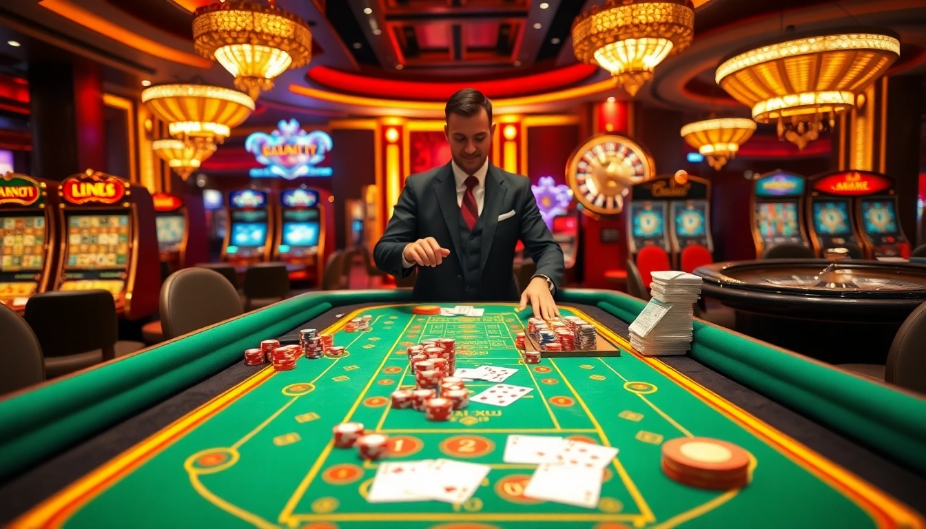 Tài Xỉu MD5 gaming table with colorful chips and dice in a luxurious casino setting.