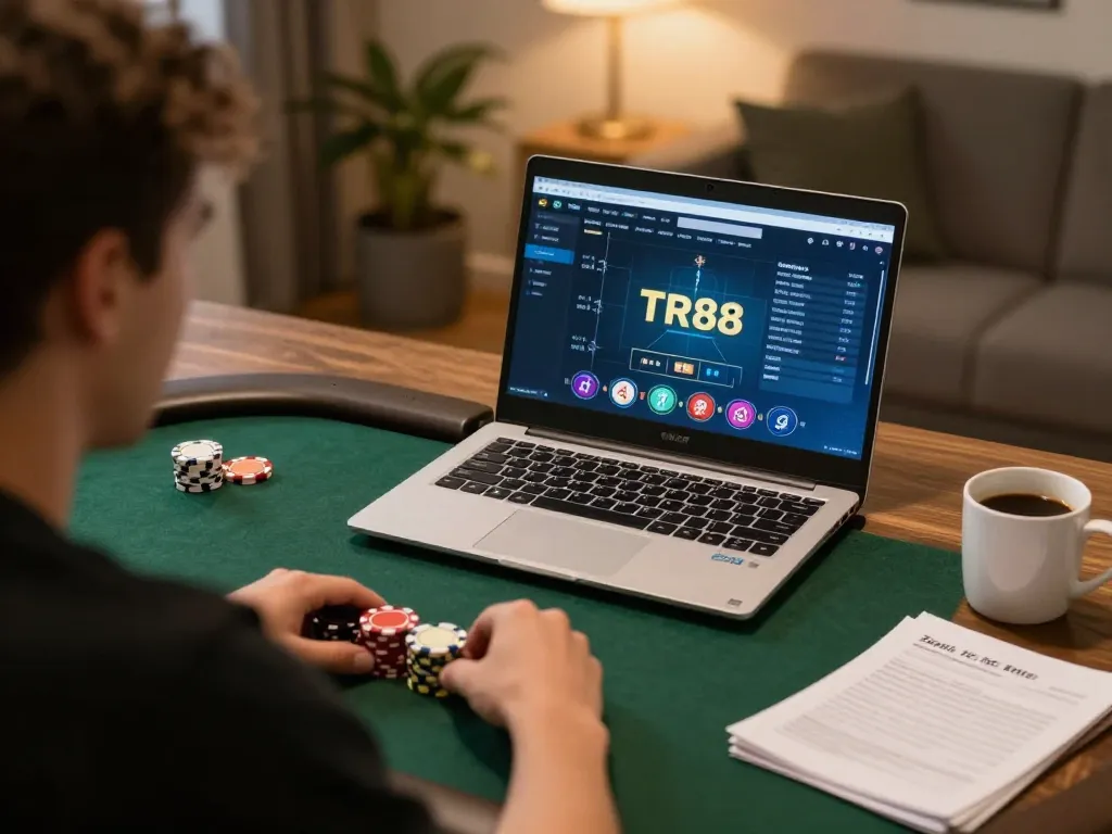 Player engaged in strategic online TR88 poker session with glowing laptop interface and thoughtful notes.