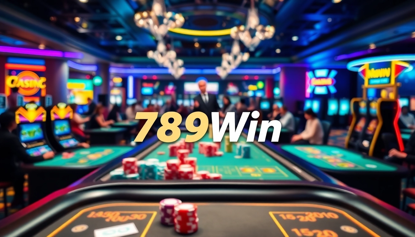 Action-packed gambling scene at 789Win, showcasing vibrant tables, dealers, and slot machines.