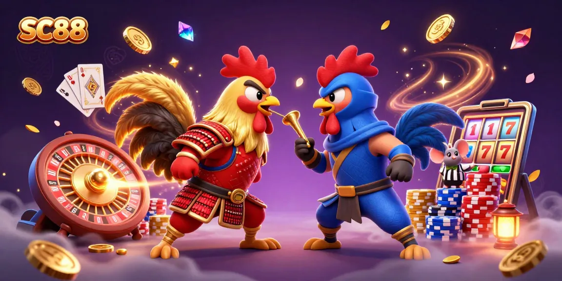 Experience thrilling action at SC88 with animated roosters battling amidst a vibrant casino backdrop.