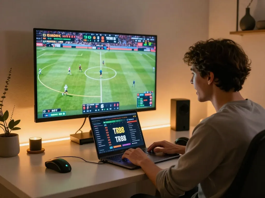 Engaging in thrilling sports betting on TR88 via laptop at a stylish home setup.
