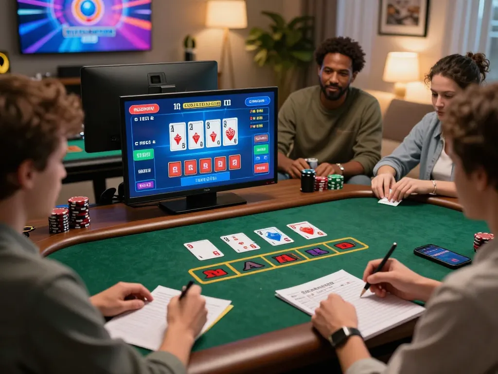 Fabet players strategizing during a live dealer blackjack session in a cozy home setting.