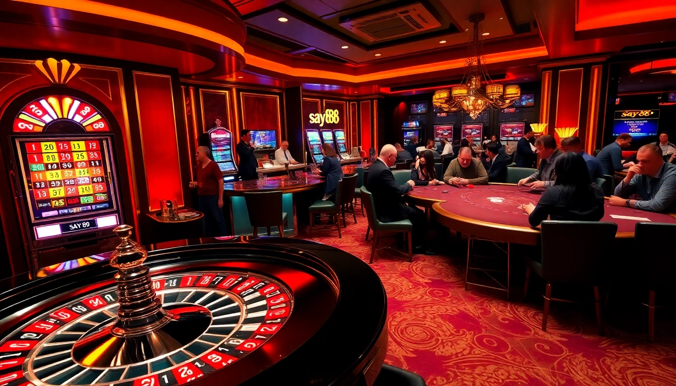 Exciting gambling scene at say88 with roulette and poker tables.