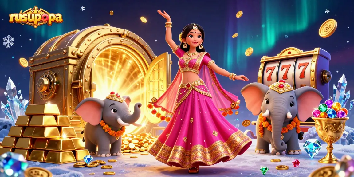 Exciting casino action with rusupopa's vibrant themes, featuring a Bollywood-style character and treasure elements.