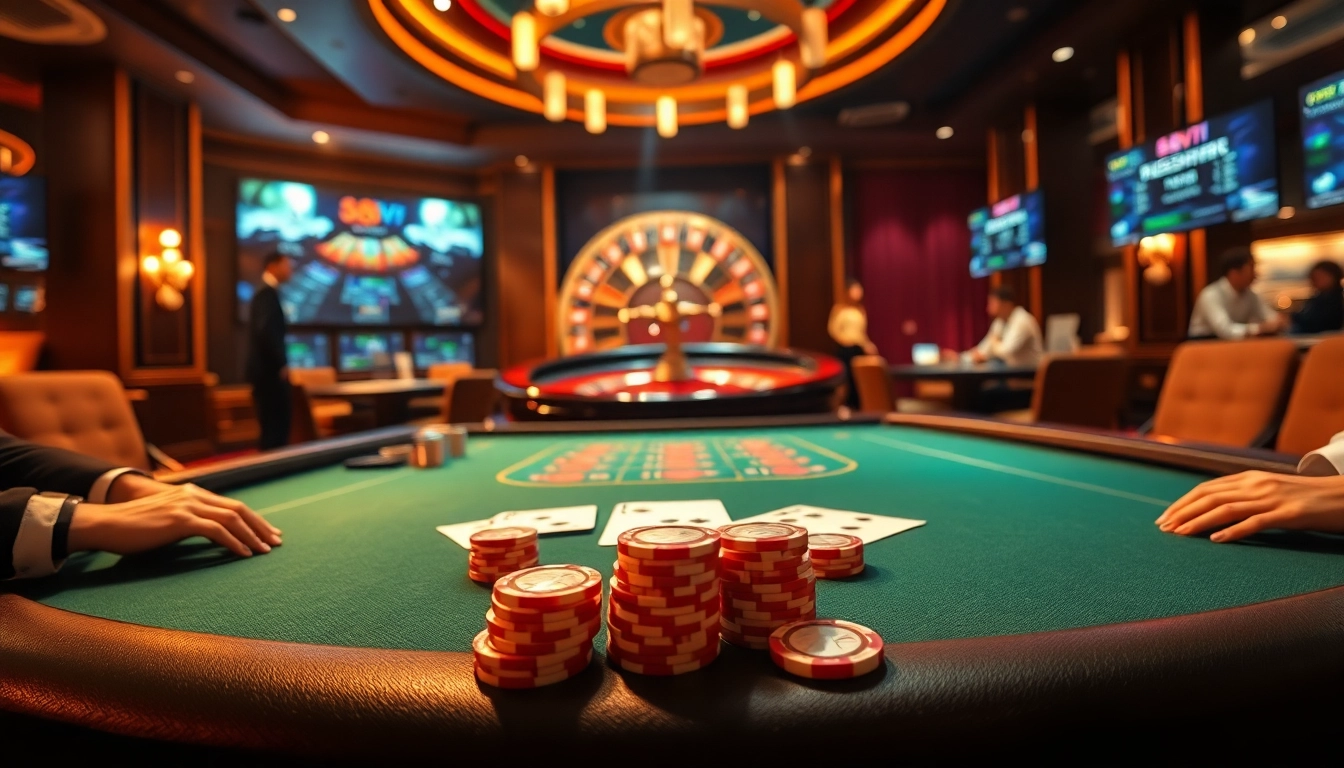 Engage in exhilarating gaming action with Đăng Ký Nhà Cái 68VIP, showcasing a vibrant casino table and roulette wheel.
