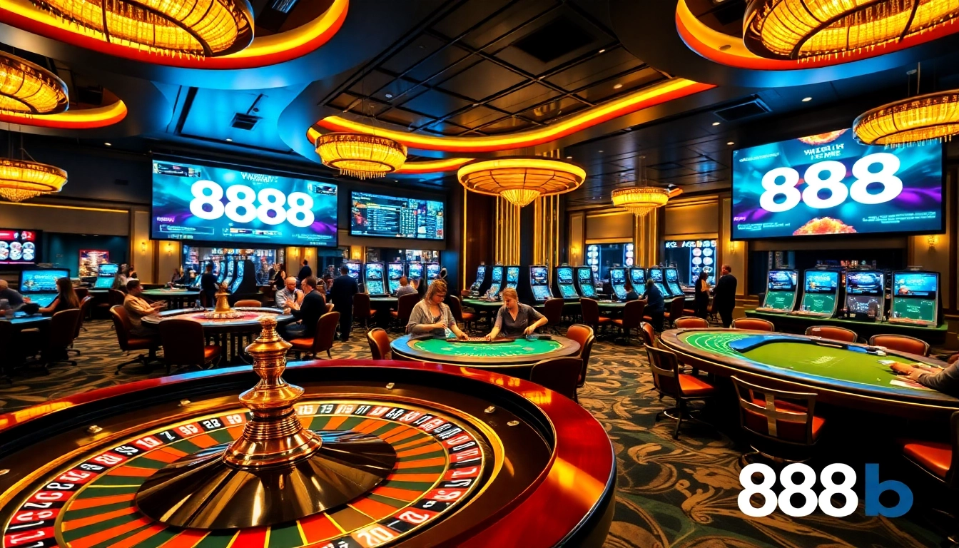 Players enjoying a thrilling game at 888b casino with vibrant tables and roulette.