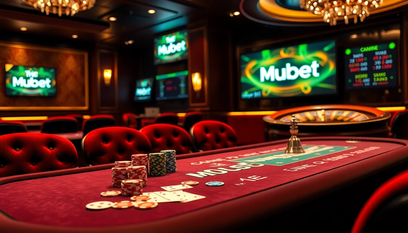 Mubet gaming experience showcasing an elegant poker table and roulette wheel in a luxurious casino.