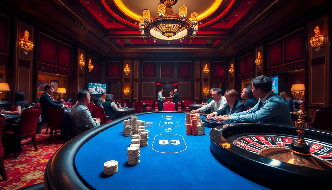 Players enjoying an intense poker game at bk33's luxurious casino setup.