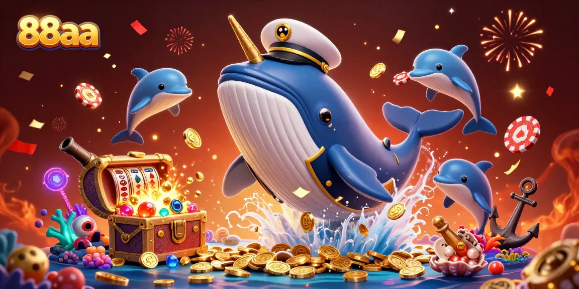 Experience the excitement of 88aa with playful dolphins and a massive whale among vibrant casino elements.