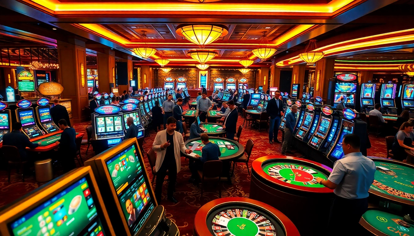 Exciting casino atmosphere with players engaging in various games at https://xn88.law/ featuring colorful slot machines and betting action.
