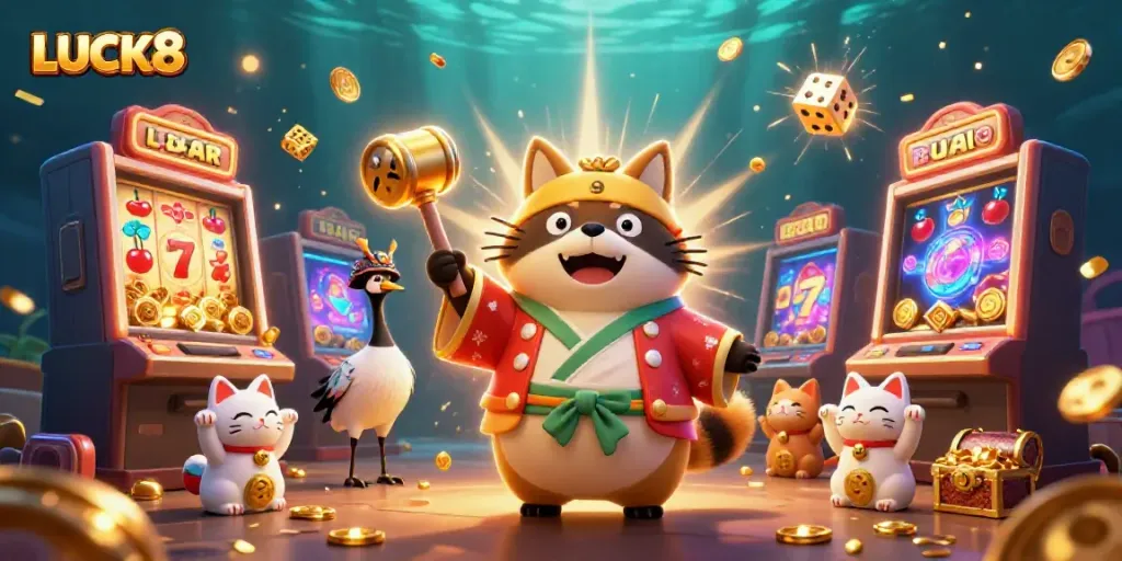 Join the fun at LUCK8 with a cheerful tanuki, jackpot symbols, and casino excitement!