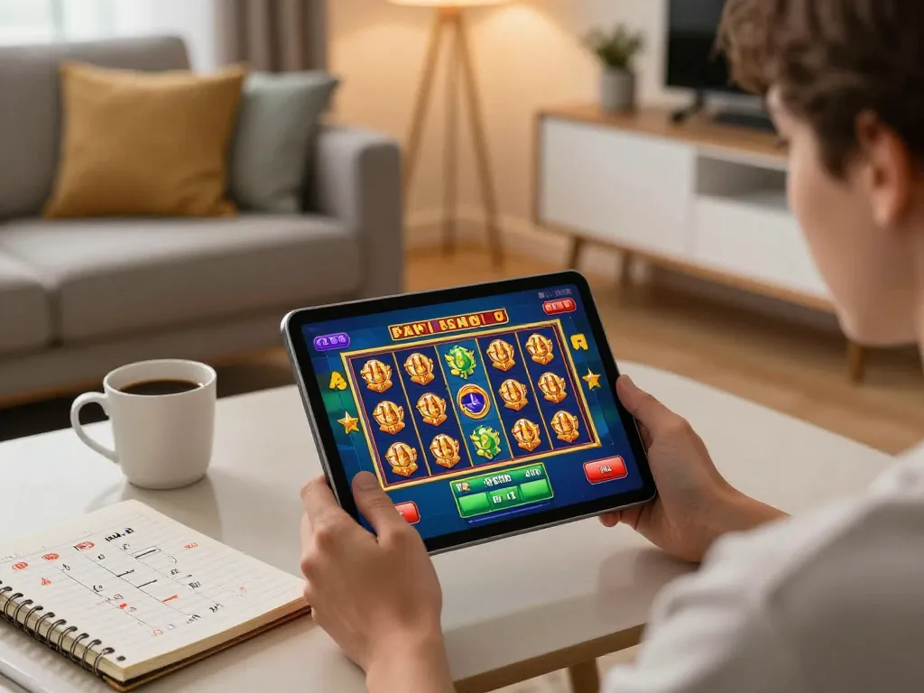 Engaging with oli4d online slots in a cozy home setting, highlighting responsible gaming.