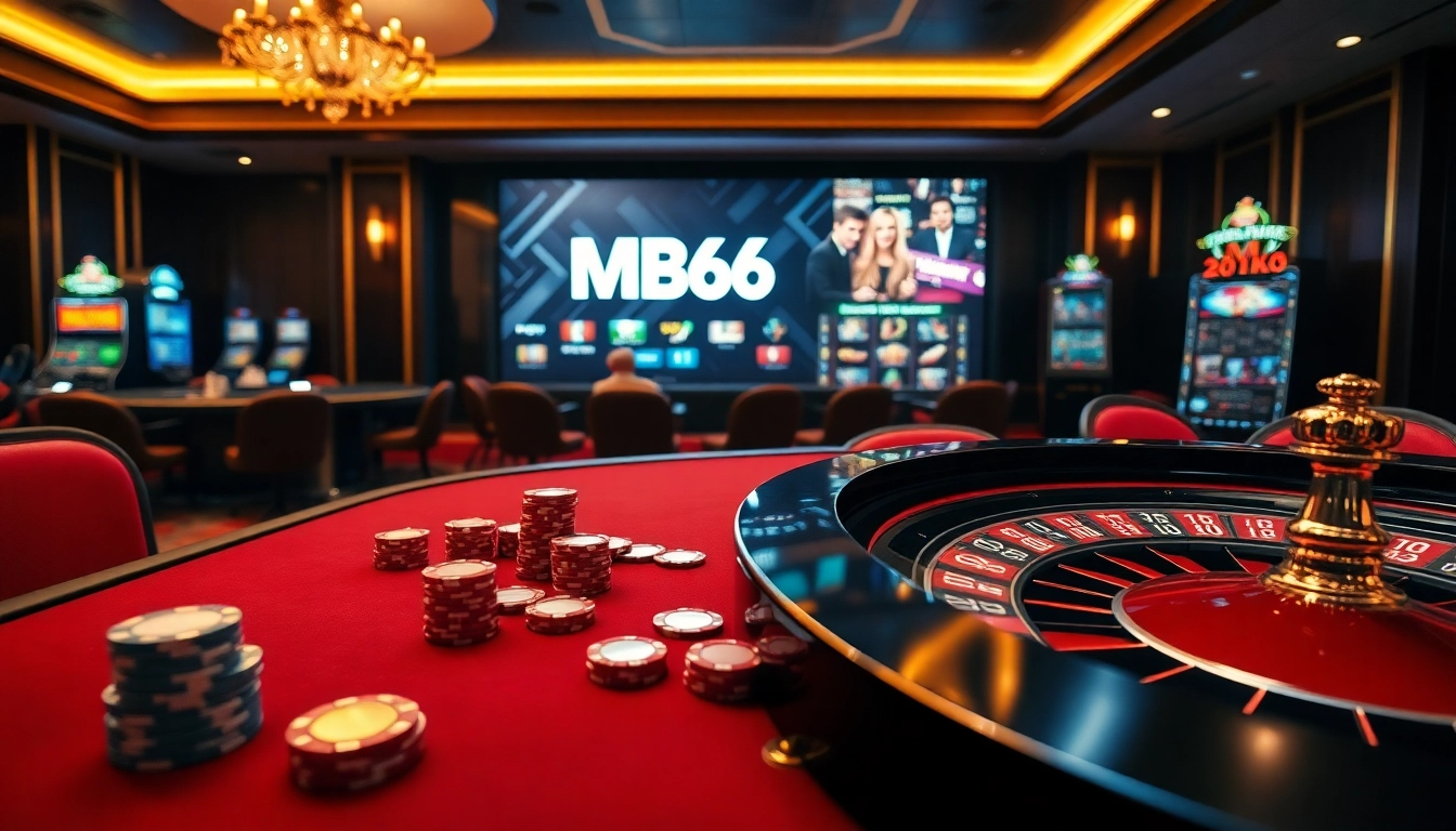 MB66 casino table with poker chips and cards, highlighting a thrilling gambling experience.