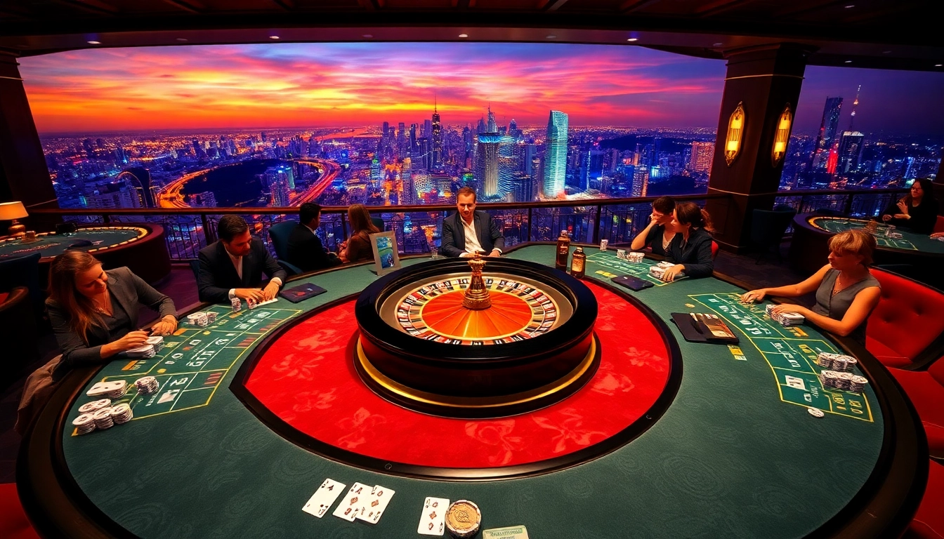 NoHu-themed casino scene featuring vibrant tables, roulette wheel, and city skyline.