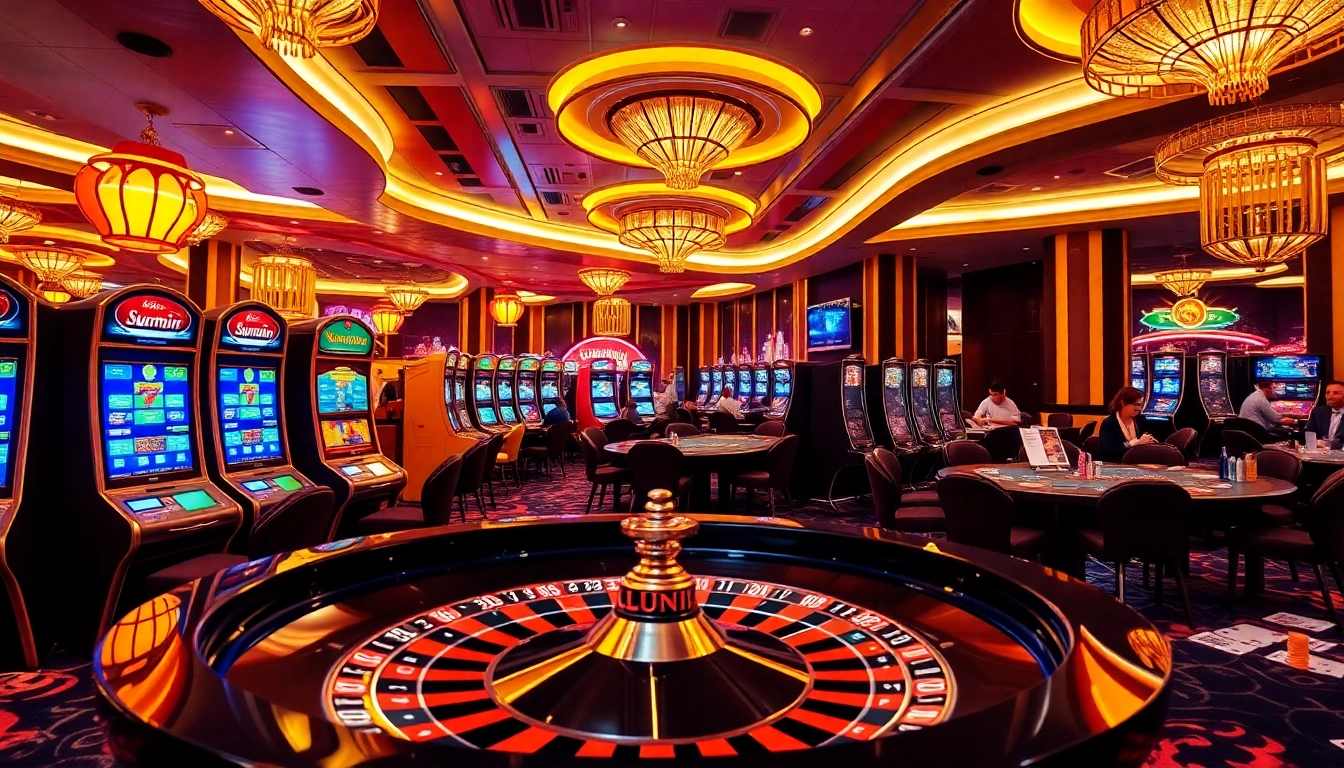 Players enjoying the thrill of gambling at Sunwin Casino with vibrant slot machines and roulette.