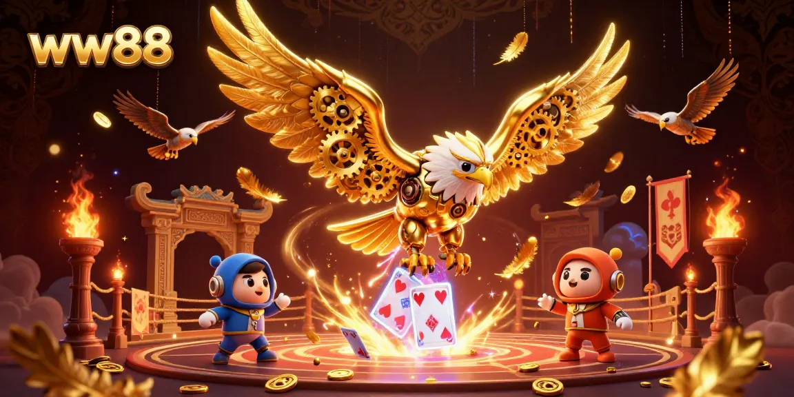Engage with the excitement of ww88 as a cybernetic eagle dives through vibrant holographic cards and golden coins.
