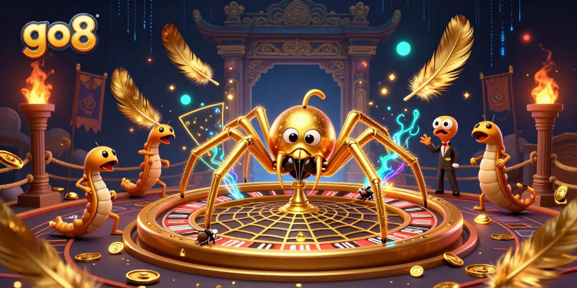 Go8 casino scene featuring a golden spider, roulette wheel, and a centipede croupier.
