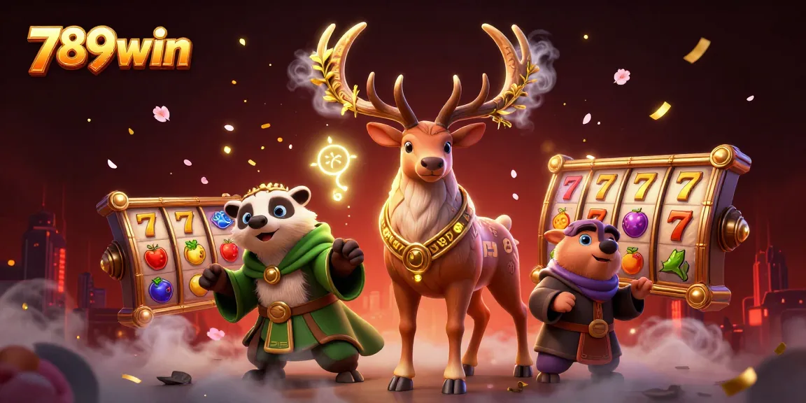 Spin the slots at 789win with vibrant 3D characters amidst festive casino elements.