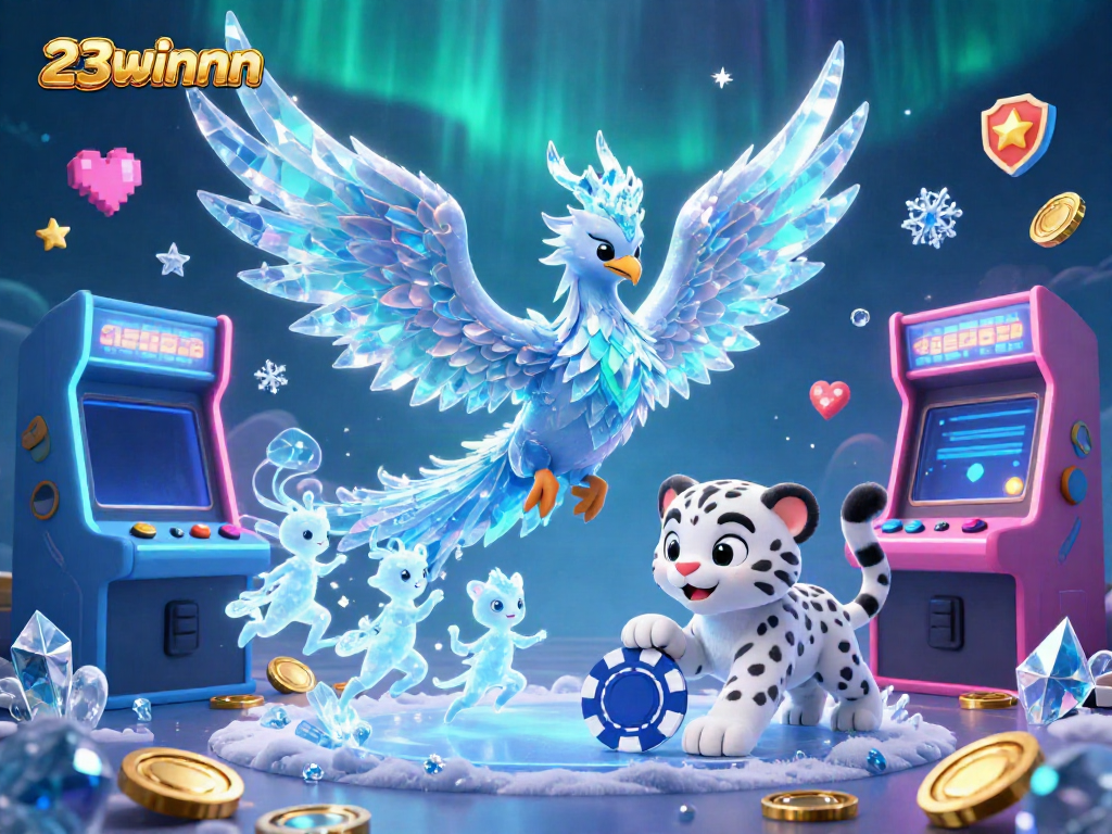 Experience the thrill of 23winnn with a vibrant 3D scene featuring an ice phoenix, snow leopard, and gaming elements.