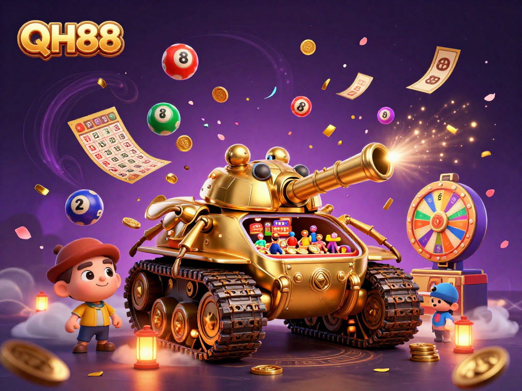 Experience QH88's vibrant casino adventure featuring a golden beetle tank amidst thrilling lottery elements.
