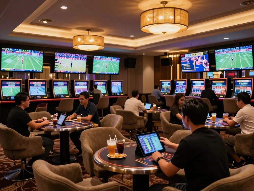 Kèo nhà cái displayed prominently in a luxury sports betting lounge with enthusiastic bettors engaging
