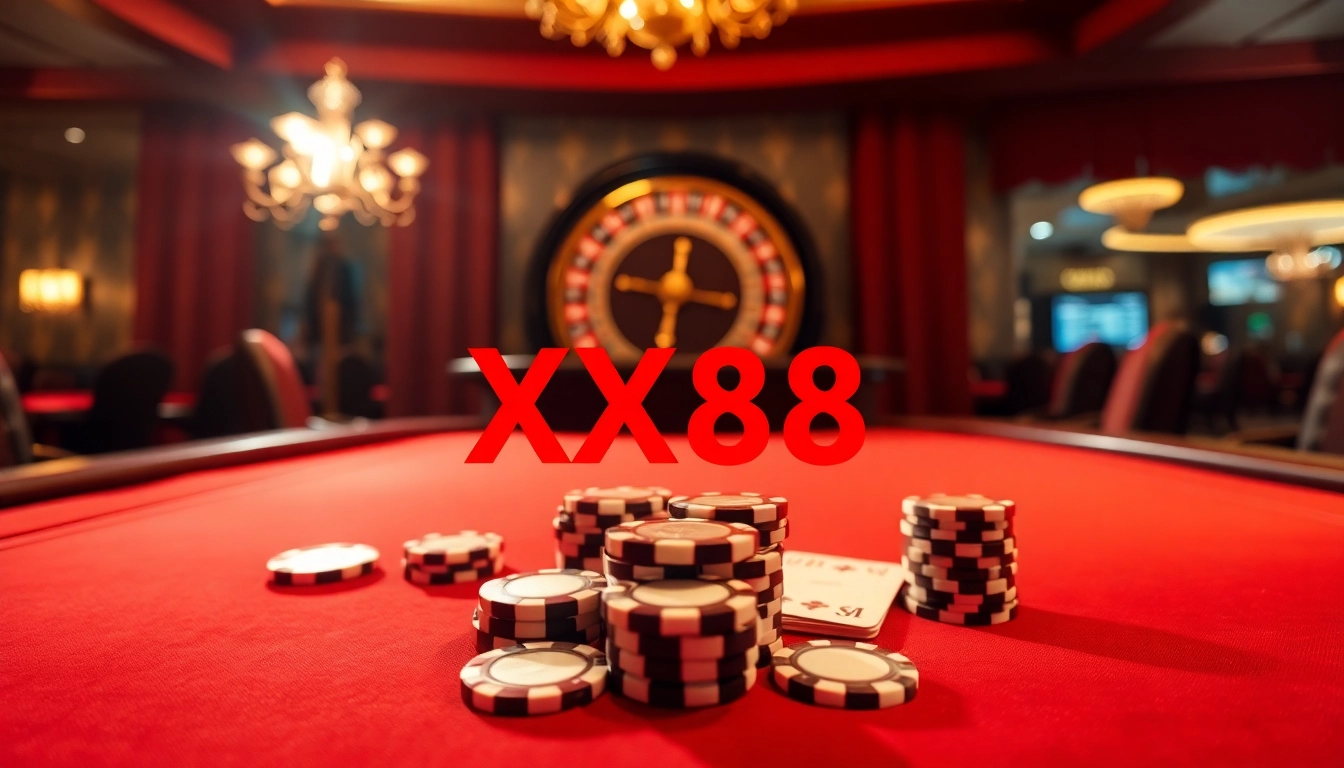 Experience the thrill of gambling at XX88 with an elegant poker table and roulette wheel.