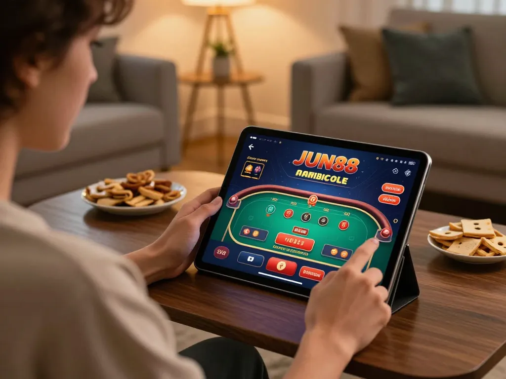 Engaging with the JUN88 mobile app, enjoying online casino games in a cozy home setting with a relaxed atmosphere.
